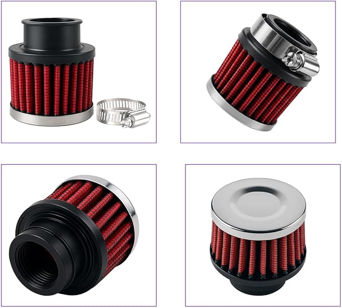 Car Air Intake Filter, 1" 25mm Inlet Valve Cold Air Intake Filter Cleaner with Adjustable Clamp, Hight Flow Performance Auto Crankcase Breather Filter Replacement, Universal Fit (Red)