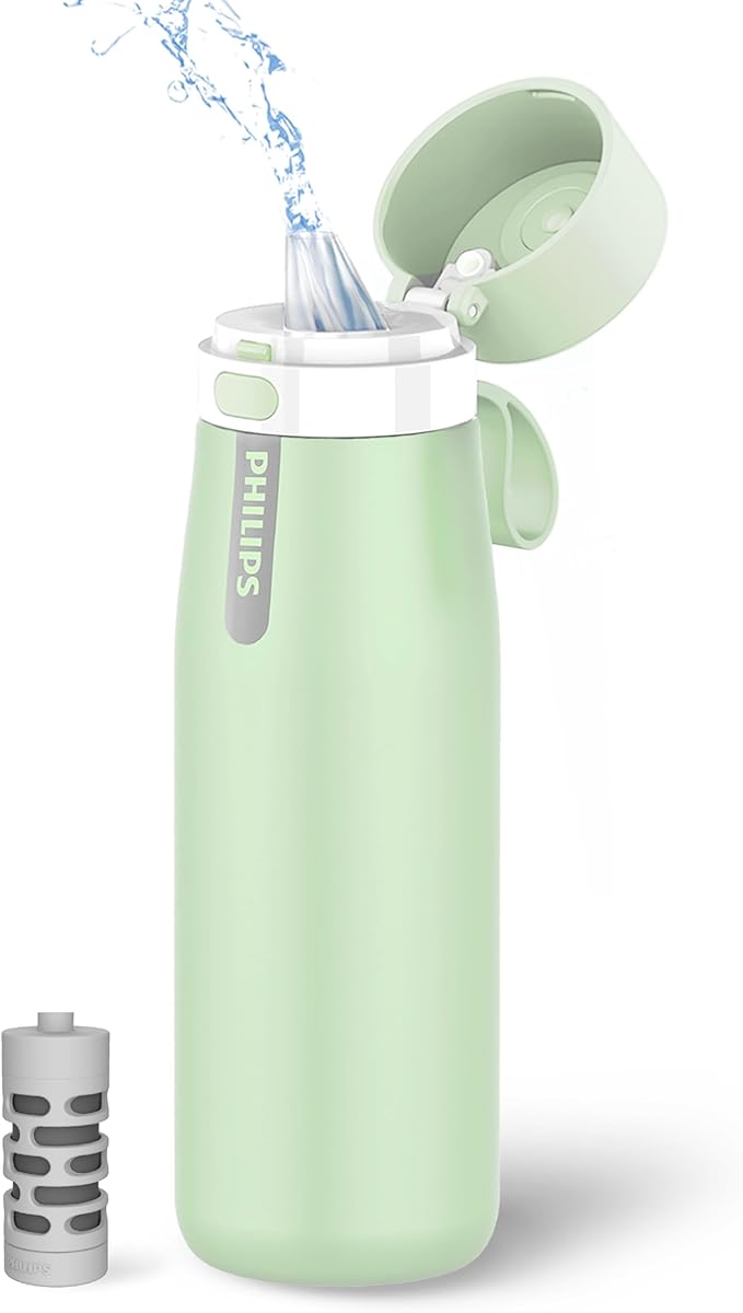 PHILIPS Water Bottle with Filter, Filter Water Bottle Stainless Steel with GoZero Everyday BPA-Free Tap Water Filter, Water Filter Bottle Keep Drink Cold 24 Hours, 1 Filter for 40 gal / 2 Months