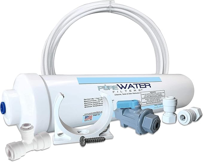 PureWater Filters Inline Water Filter Kit for Ice Maker with 1/4-Inch Direct Quick-Connect Fittings, Tubing and a T-Connector