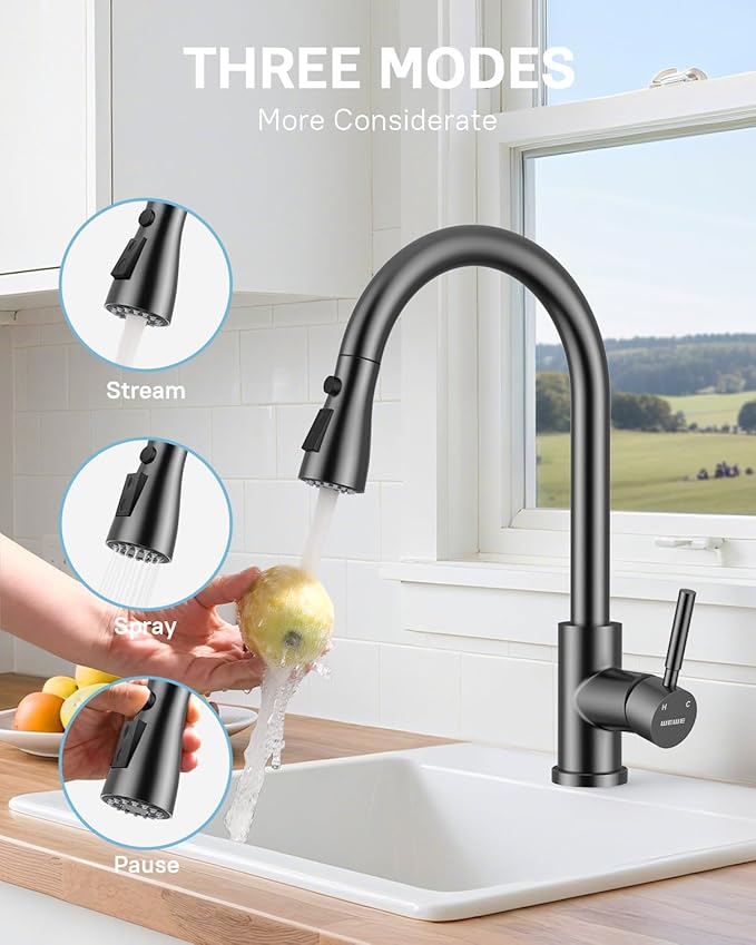 WEWE Kitchen Faucet with Pull Down Sprayer and Soap Dispenser, Matte Gray High Arc Single Handle Stainless Steel Sink Faucet, Suitable for Farmhouse, RV & Laundry
