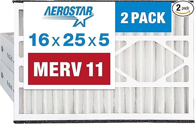 Aerostar 16x25x5 MERV 11-2 Count - Pleated HVAC, Furnace & Air Conditioner Filters - Removes Dust, Cold & Flu Germs, Lint, Mold, Pet Dander, Allergy-Causing Pollen, Smog & Smoke