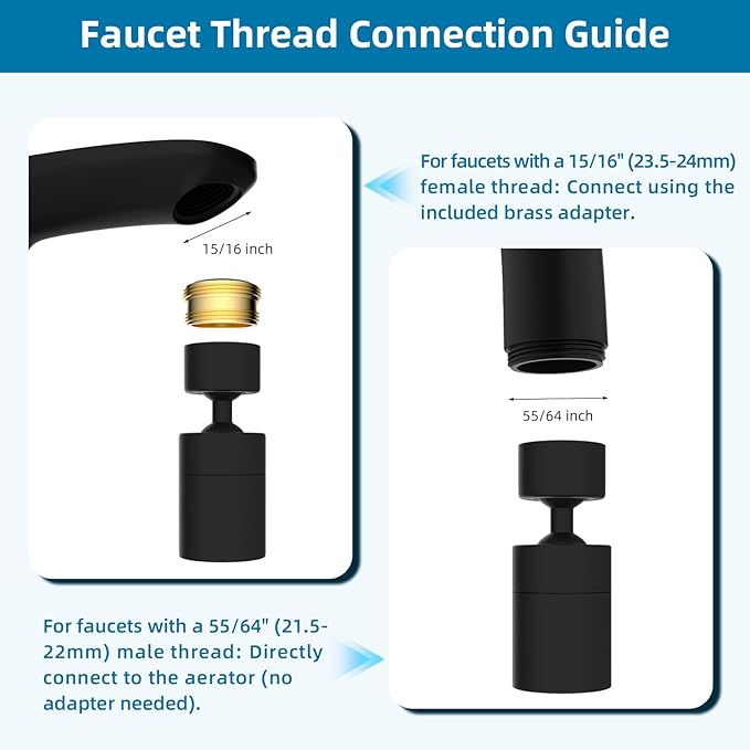 Hibbent NSF/ANSI/CAN 61 Certified Faucet Aerator, Kitchen Sink Faucet Aerator, 2-Flow CUPC Certification 360-degree Swivel Faucet Extender, 55/64 Inch Female Thread, Water Saving-Matte Black