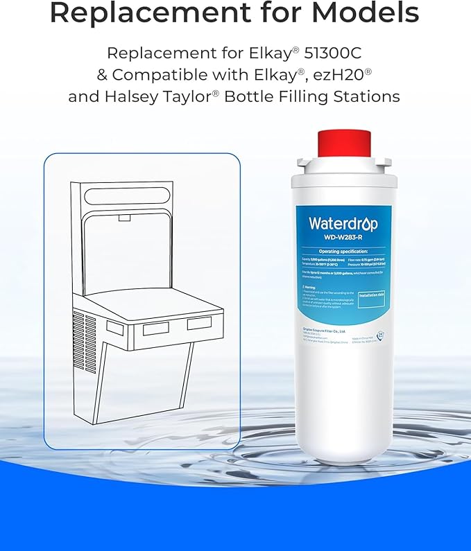 [With Chip] Waterdrop W283-R Replacement for Elkay® 51300C, WaterSentry 51300C, Elkay® EZH2O® and Halsey Taylor® Bottle Filling Stations, NSF/ANSI 42 Certified, 3 Packs