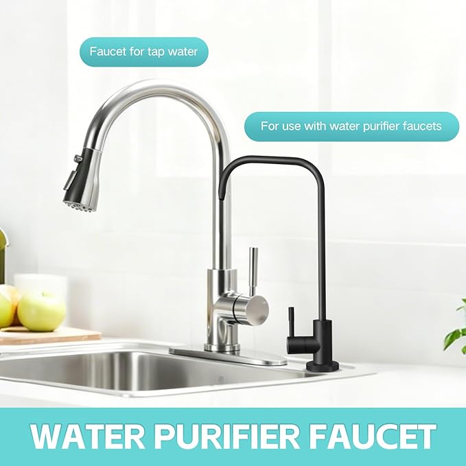 Drinking Water Faucet, Lead-Free Kitchen Water Filter Faucet for Reverse Osmosis or Water Filtration System, RO Faucet, Brushed Nickel (Black)