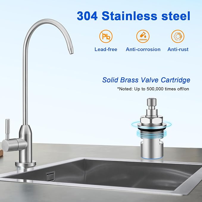Drinking Water Faucet - Long Thread Stem Filtered Water Tap for Thick Countertop,Lead-Free RO Faucet with Hose and Push Connect Fittings(Brushed Stainless)