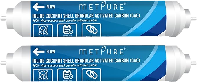 Metpure In line Water Filter 2" x 10" Coconut Shell Post Activated Carbon Water Filter Replacement 1/4" Quick Connects for Inline Reverse Osmosis RO Water Filtration, Refrigerator, Ice Maker [2 Pack]