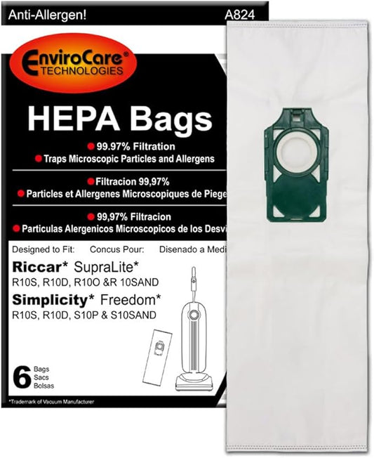 EnviroCare Replacement HEPA Vacuum Cleaner Bags Designed to fit Riccar SupraLite and Simplicity Freedom Upright Vacuums with Green Bag Holder 6 Pack