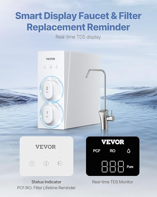 VEVOR Reverse Osmosis System, 600 GPD 8-Stage Tankless Reverse Osmosis Water Filter, Under Sink Water Filtration System with Smart Display Faucet, 2:1 Pure to Drain Ratio