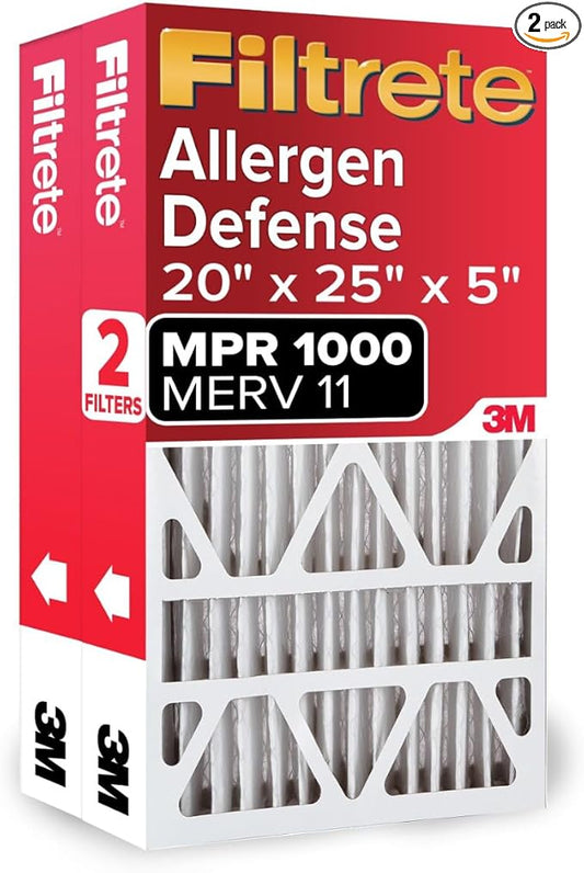 Filtrete 20x25x5 Air Filter MERV 11, MPR 1000 Micro Allergen Defense 2-Pack, Fits Lennox, AC Furnace HVAC Filters for Home, Pleated Electrostatic (Actual Size 19.63 x 24.75 x 4.31 in)