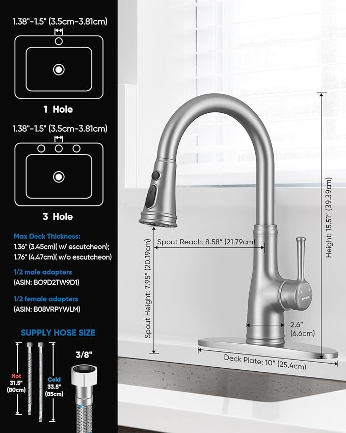 WEWE Vintage Kitchen Faucet with Pull Down Sprayer, Stainless Steel 1 or 3 Hole High Arc Single Handle Antique Sink Faucet for Classic Modern Ktichen, Brushed Nickel Bar & Prep Sinks