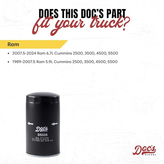 Doc's Diesel Oil Filter D5335 | Compatible with 1989-2024 RAM 6.7L Cummins 2500, 3500, 4500, 5500, RAM 5.9L Cummins 2500, 3500, 4500, 5500 1989-2007.5 | Replaces 05083285AA