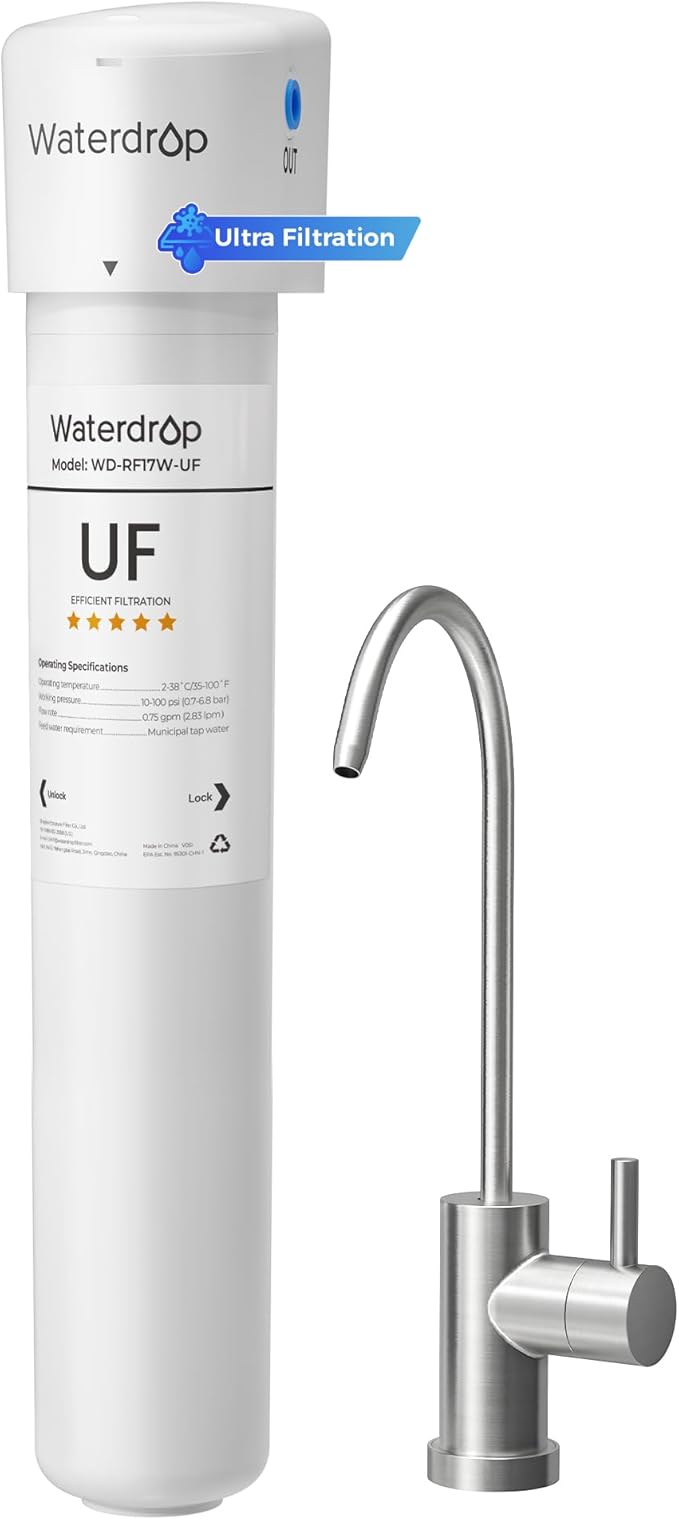 Waterdrop 17UBW-UF 0.01 μm Ultra Filtration Under Sink Water Filter System, Reduces Lead, Chlorine, Bad Taste & Odor, 3 Years, with Dedicated Brushed Nickel Faucet, USA Tech
