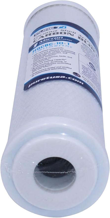 PureT HQCBC-10-1, 10x2.5" Coconut Carbon Block Filter - NSF Certified - Cononut Shell Activated Carbon removes Chlorine, Dirt and More (1 u Micron Rated)