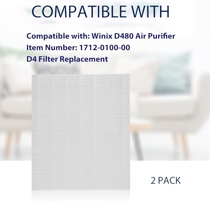D480 Replacement Filter D4 Compatible with Winix D480 Air Cleaner Purifier Ture HEPA Only, Item Number 1712-0100-00, D4 Filter 2 Pack