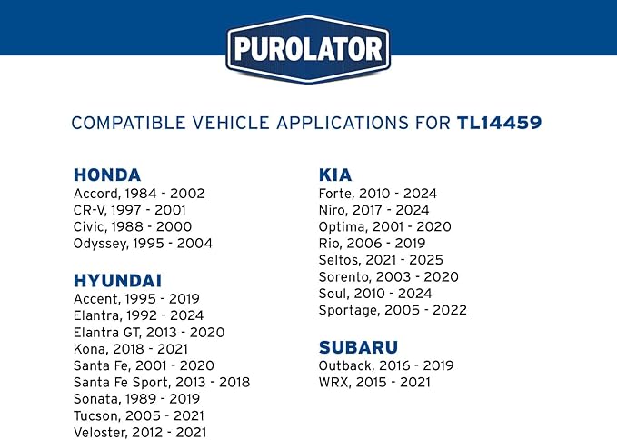 Purolator TL14459 PurolatorTECH Spin On Oil Filter Compatible With Hyundai Elantra, Sonata, Tucson, Accent, Sante Fe, Kia Soul, Optima, Sportage, Sorento, Honda Accord, Civic and Odyssey