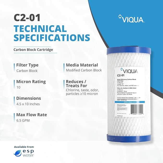 Viqua C2-01 Carbon Block Water Filter Cartridge – 10" x 4.5", 10 Micron, High Flow 6.5 GPM – Reduces Chlorine, Taste & Odor – Fits Standard 10-Inch Housings – NSF Certified