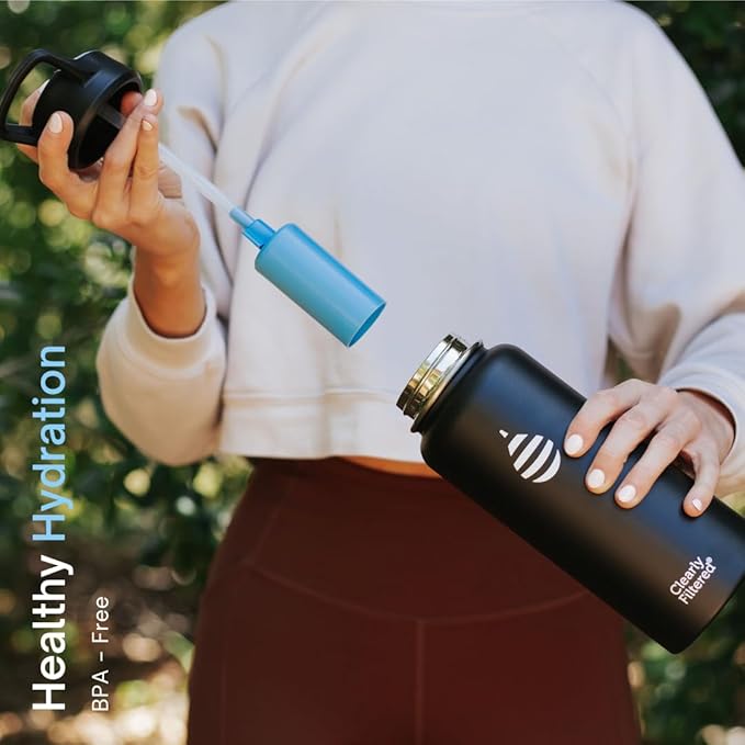 Clearly Filtered Water Bottle | Removes 200+ Contaminants, Double-Wall Insulated Stainless Steel, BPA/BPS Free, Phthalate Free, Filters Flouride Lead Chlorine (32oz, Navy Blue)