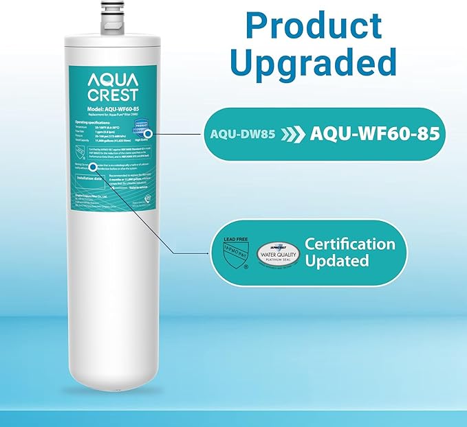 AQUACREST DW85 Under Sink Water Filter, Replacement for 3M Aqua-Pure AP-DW85, 5584408, AP-DWS700, Cuno CFS8112, CFS8812X-S, CFS8720, KOHLER K-201-NA, KOHLER K-202-NA, Model No. WF60-85