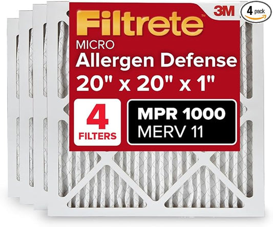 Filtrete 20x20x1 Air Filter MERV 11, MPR 1000 Micro Allergen Defense 4-Pack, AC Furnace HVAC Filters for Home, 3-Month Pleated Electrostatic (Actual Size 19.69 x 19.69 x 0.81 in)