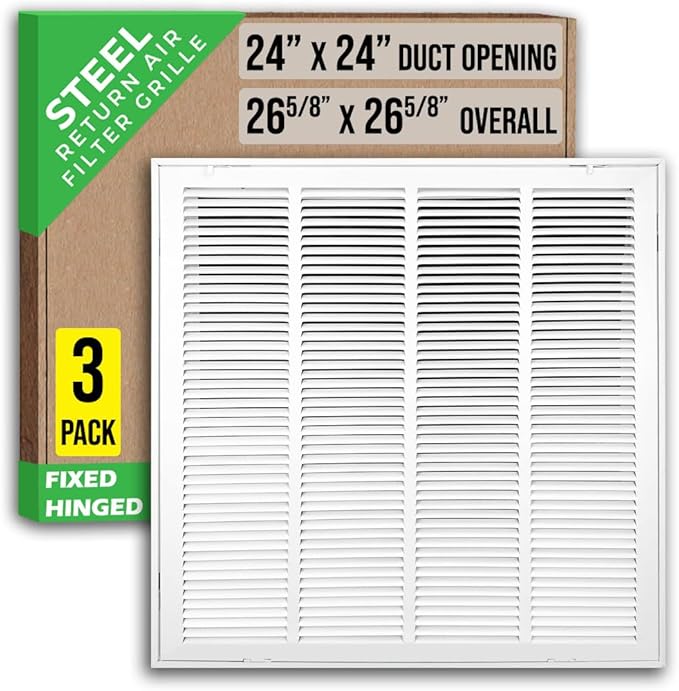 [3 Pack] Fits 24x24 Duct Opening | Steel Return Air Filter Grille by Handua [Fixed Hinged] Vent Cover Grill for Sidewall and Ceiling | White | Outer Dimensions: 26 5/8"W X 26 5/8"H