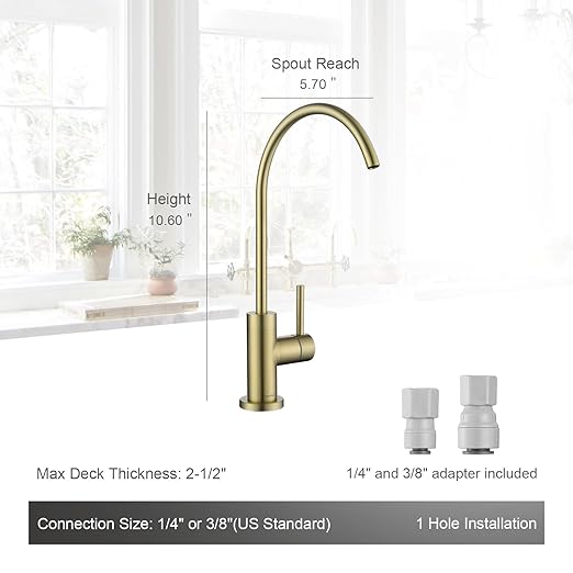 AguaStella AS09CB Brushed Gold Softly Stainless Steel Kitchen Water Filter Faucet RO Faucet for Most Reverse Osmosis Units or Water Filtration System in Non-Air Gap