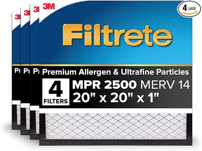 Filtrete 20x20x1 AC Furnace Air Filter, MERV 14, MPR 2500, High Performance Premium Allergen, Ultrafine Particles, Bacteria & Virus Filter, CERTIFIED Asthma & Allergy Friendly, 4-Pack