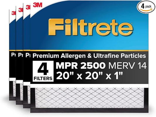 Filtrete 20x20x1 AC Furnace Air Filter, MERV 14, MPR 2500, High Performance Premium Allergen, Ultrafine Particles, Bacteria & Virus Filter, CERTIFIED Asthma & Allergy Friendly, 4-Pack
