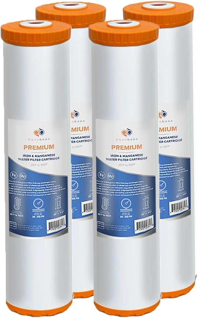 Aquaboon 5 Micron 20 x 4.5 Whole House Water Filter Replacement Cartridge Iron & Manganese for 1-Stage Water Filtration System 4 Pack