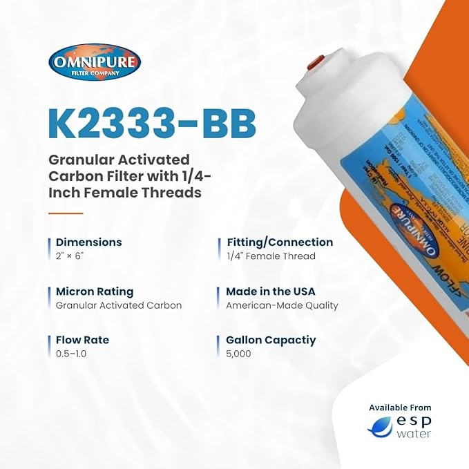 Omnipure K2333 Inline Carbon Water Filter GAC T33 2 x 6 Inch Cartridge 1/4 Female Thread Fittings Compatible with Axeon CRO 50 WM5 50 Reverse Osmosis Systems K2333-BB