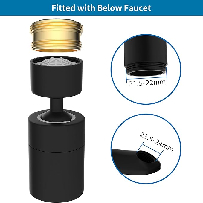Hibbent NSF/ANSI/CAN 61 Certified Faucet Aerator, Kitchen Sink Faucet Aerator, 2-Flow CUPC Certification 360-degree Swivel Faucet Extender, 55/64 Inch Female Thread, Water Saving-Matte Black