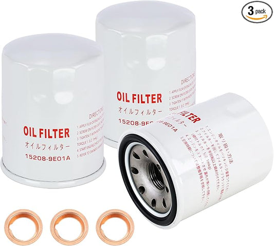 3 Pack Engine Oil Filter 15208-9E01A with Drain Plug Washer 11026-JA00A Fits for Nissan Altima Armada Frontier GT-R Maxima NV Pathfinder Quest Sentra Titan Xterra Replaces# 15208-31U0D, 15208-31U0C
