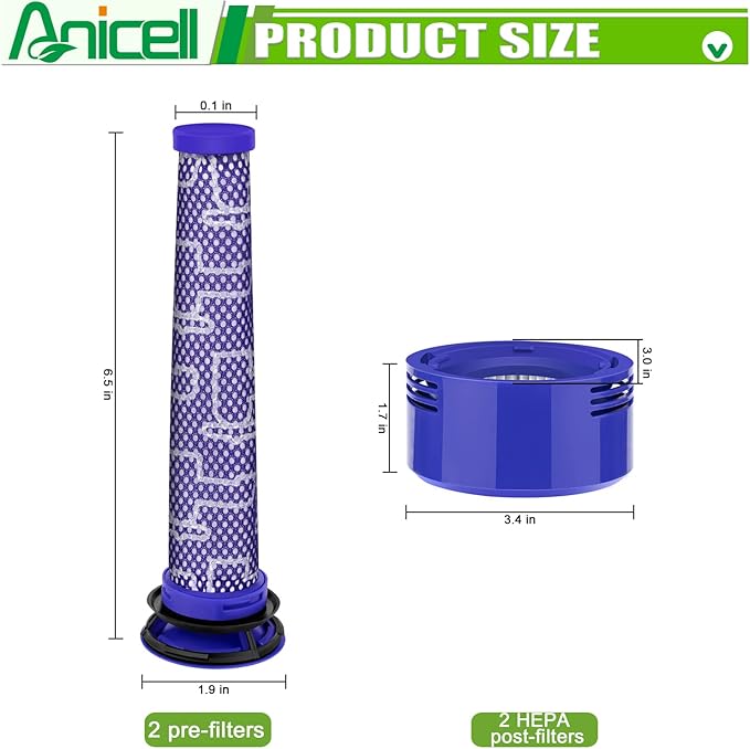 V8 Filter Replacement Compatible with Dyson V7 V8 Animal V8 Absolute V8 Motorhead Origin SV10 V7 Animal V7 Cordless Stick Vacuum, 2 HEPA Post Filters+2 Pre Filters, Part 965661-01 & 967478-01