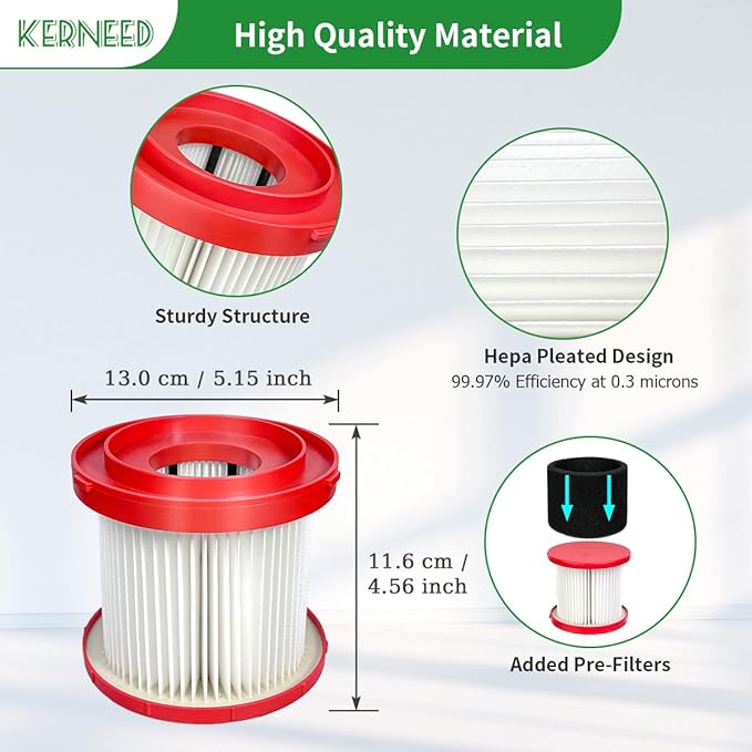 4 Pack 49-90-1900 HEPA Filter Compatible with Milwaukee Cordless M18 Vacuum 0780-20 0880-20, with 8 Foam Sleeve Filters & 1 Brush