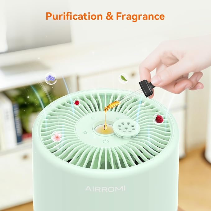 AIRROMI Pets Air Purifier for Home Allergies,Up to 660 ft². HEPA Deodorizing Activated Carbon Filter,With Fragrance Sponge for Better Sleep,Night Light,Pet Dander,Smoke,Odors,Air Cleaner A2002 Green