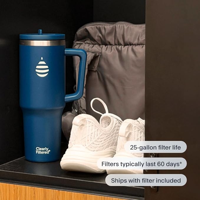 Clearly Filtered Water Bottle | Removes 200+ Contaminants, Double-Wall Insulated Stainless Steel, BPA/BPS Free, Phthalate Free, Filters Flouride Lead Chlorine (40oz, Navy Blue)
