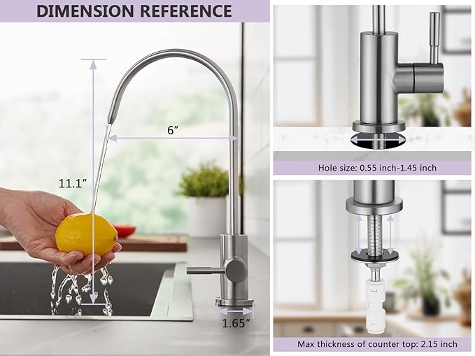 Tohlar Drinking Water Faucet for Kitchen Sink, Brushed Nickel Filtered Water Faucet Lead-Free Reverse Osmosis Faucet Water Filtration System 304 Stainless Steel, Brushed Nickel Finish
