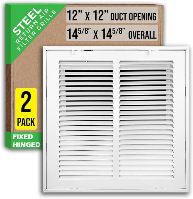 [2 Pack] Fits 12x12 Duct Opening | Steel Return Air Filter Grille by Handua [Fixed Hinged] Vent Cover Grill for Sidewall and Ceiling | White | Outer Dimensions: 14 5/8"W X 14 5/8"H