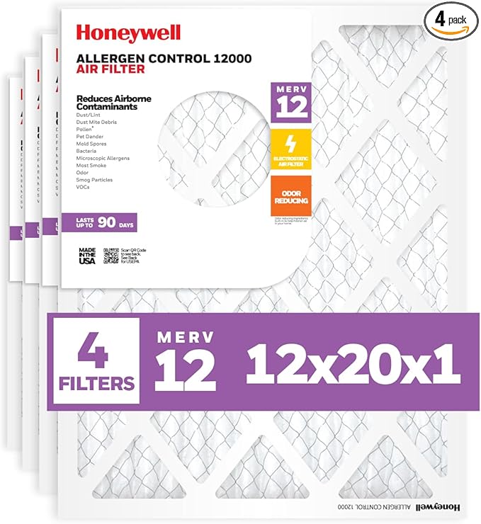 Honeywell 12x20x1 MERV 12 Electrostatic Pleated HVAC AC Furnace Air Filter (4-Pack) | Replacement Filter for Home Use | Made in USA