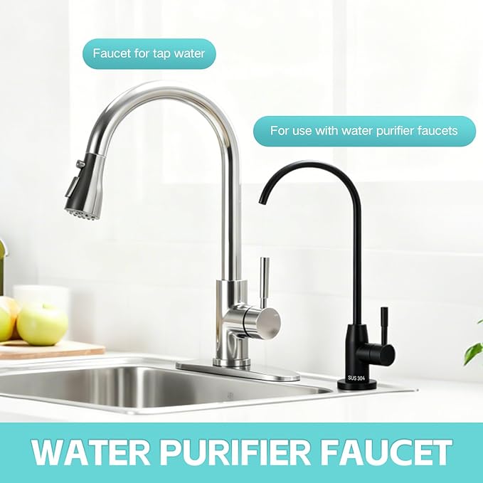 Drinking Water Faucet, Lead-Free Kitchen Water Filter Faucet for Reverse Osmosis or Water Filtration System, RO Faucet, Brushed Nickel (Black Lacquer Finish)