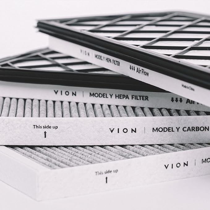 VION Model Y Front Trunk HEPA Carbon Air Filters Kit - (2x HEPA filters and 2x Carbon filters per package) - 4 packs per package with installation tools