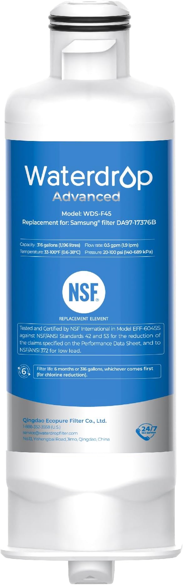 Waterdrop DA97-17376B Replacement for Samsung® HAF-QIN/EXP, DA97-08006C, RF28R7351SG, RF23M8570SR, NSF 53&42 Certified Refrigerator Water Filter, 1 Filters (Package May Vary)