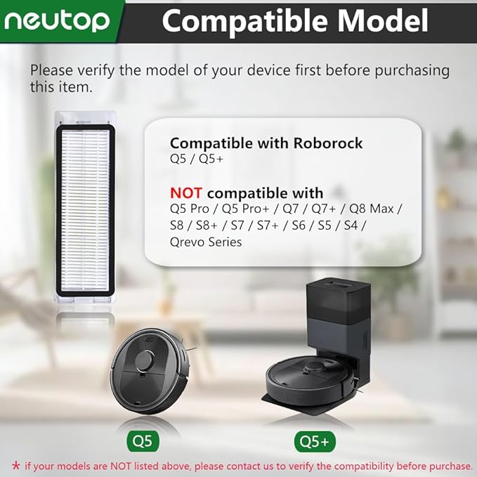 Neutop Replacement Filters Parts, Compatible with Roborock Q5 Q5+ Q5 Plus Robot Vacuums Cleaner Replacement Spare Parts Accessories, 8-pack.