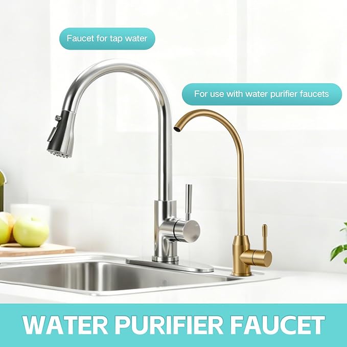 Drinking Water Faucet, Lead-Free Kitchen Water Filter Faucet for Reverse Osmosis or Water Filtration System, RO Faucet, Brushed Nickel (Golden)