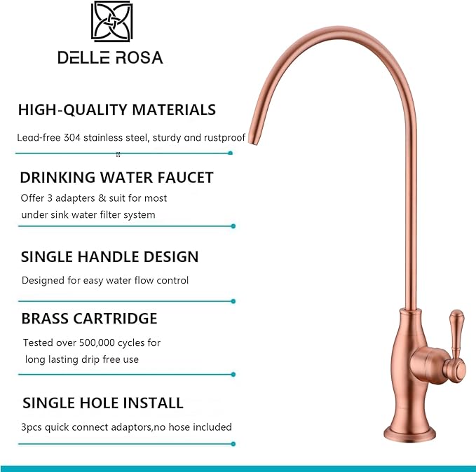Delle Rosa Drinking Water Faucet in Copper Finish, Retro Stainless Steel Kitchen Water Filter Faucet, Commercial Water Filtration Faucet for Under Sink Water Filter System,Copper Finish,Non-Air Gap