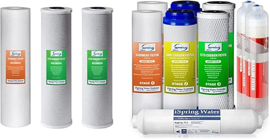 iSpring F3WGB32B 4.5” x 20” 3-Stage Whole House Water Filter Replacement Pack Set, White & F9K 1-Year Reverse Osmosis Water Filter Replacement Cartridge Pack Set, White