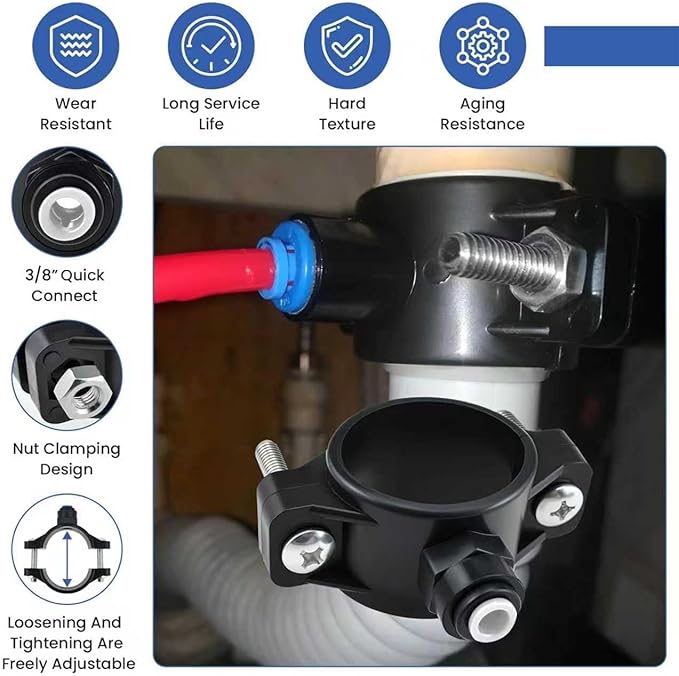 1 Pack 3/8" Quick Connect Drain Saddle Valve, Durable Plastic Hose Pipe Adapter for Under-Sink Reverse Osmosis Systems