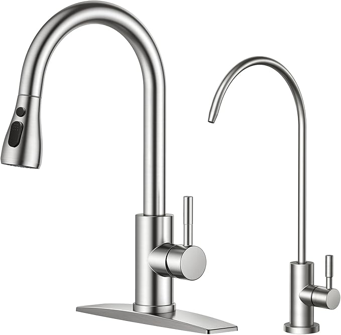 FORIOUS Kitchen Faucet and Water Filter Faucet Combo, Brushed Nickel Stainless Steel Bar Faucet Pull Down Sprayer and Drinking Purifier Faucet Set for Kitchen Sink RV Farmhouse Camper