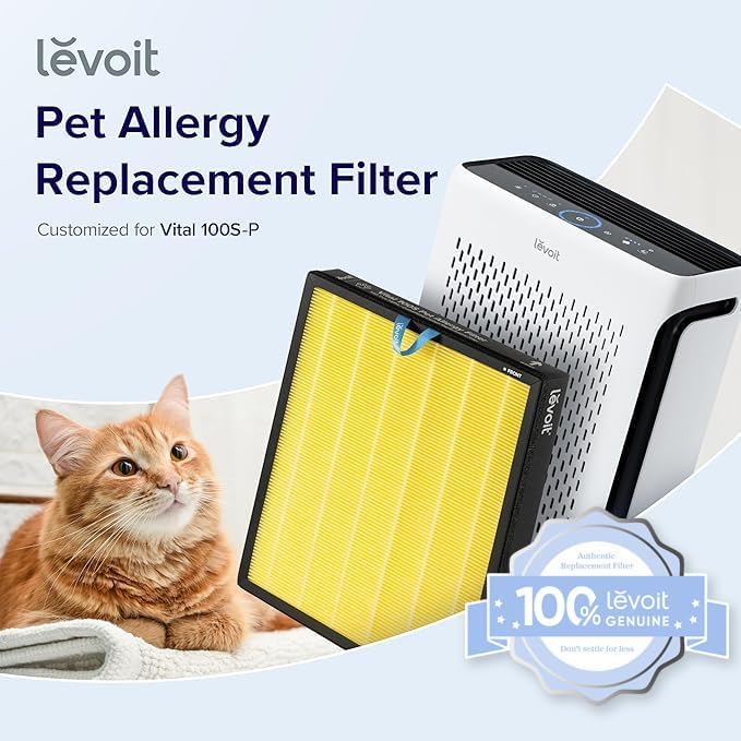 LEVOIT Genuine Vital 100S-P Air Purifier Pet Allergy Replacement Filter, Supports HEPA Sleep Mode, High-Efficiency Activated Carbon for Removal of Pet Dander, Smoke, Vital 100S-RF-PA , 1 Pack, Yellow