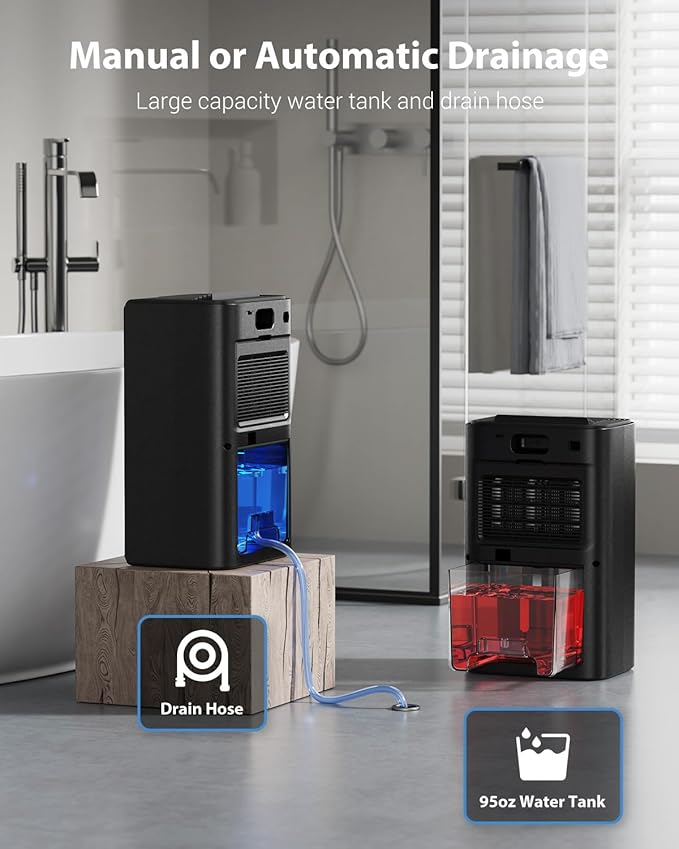 95oz Dehumidifiers for Home, 1000 Sq.Ft Dehumidifier with Drain Hose - Auto Shut Off, Timer, Sleep Mode & Drain Hose - 7 Color Light for Bedroom, Bathroom, RV - Black
