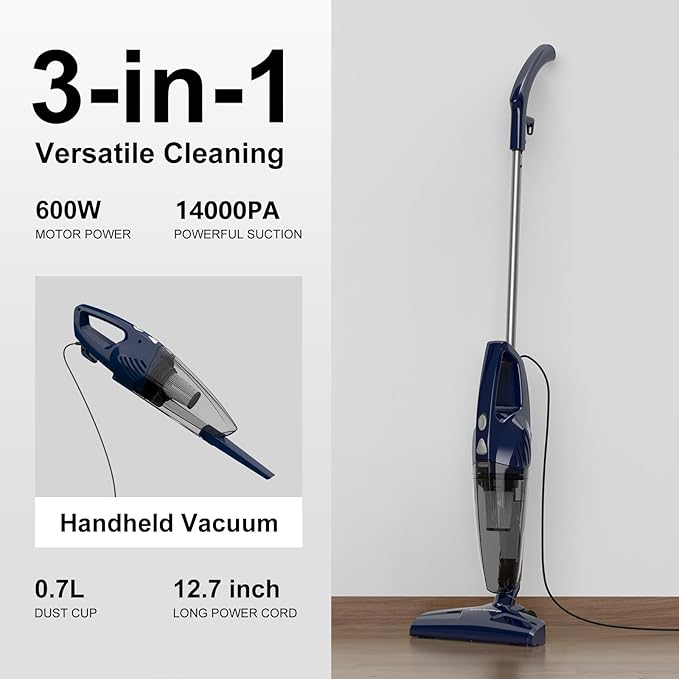 Corded Vacuum Cleaner, 14KPa Powerful Suction with 600W Motor, Lightweight Stick Vacuum Cleaner, Converts to Handheld with Washable Filter, Handheld Vacuum for Home, Pet Hair, Carpet, Hard Floors, Car